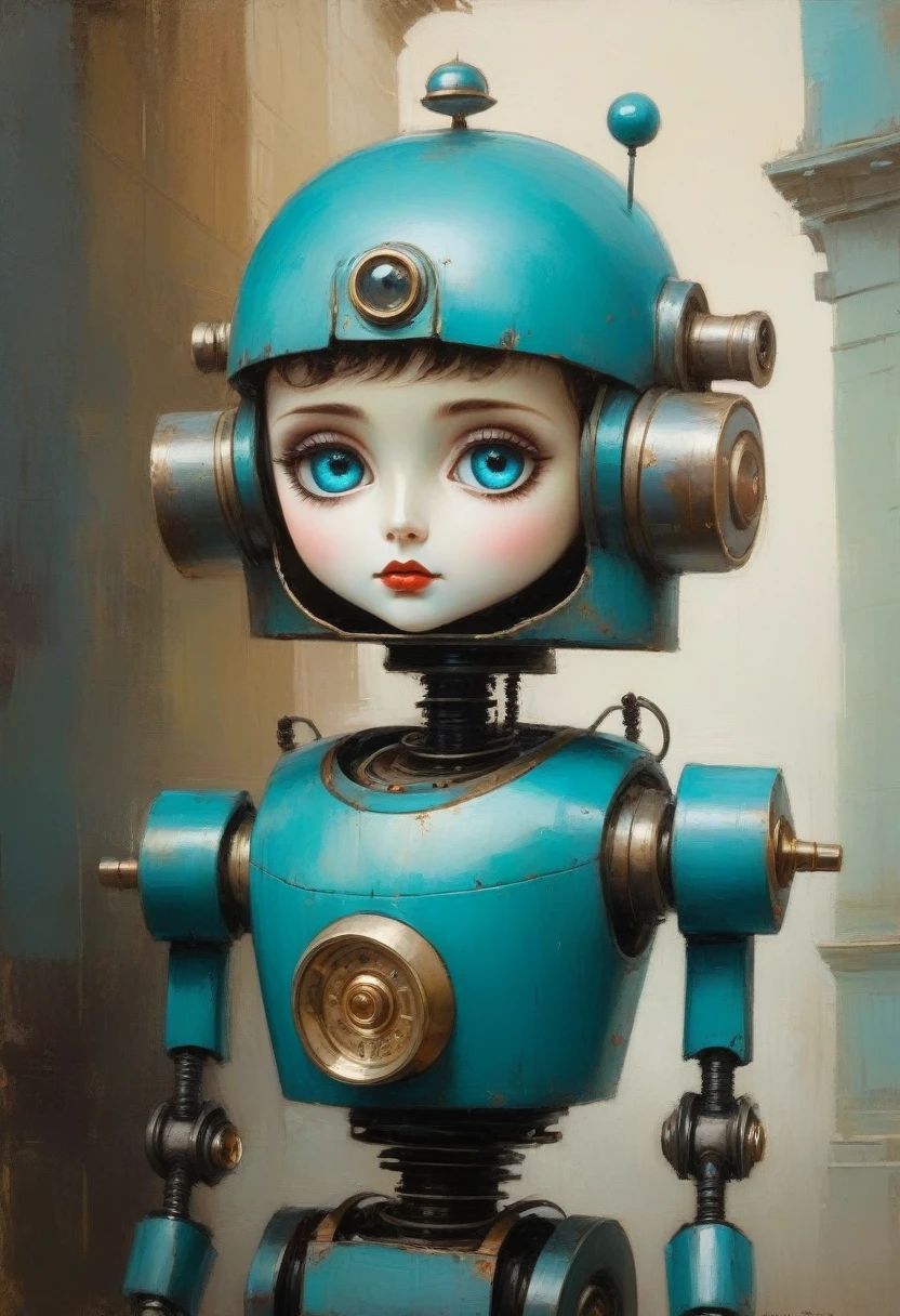 Full length view. (((Little funny robot))), porcelain face and head, big turquoise eyes, perfect eyes, top quality style. Beautiful cinematic impressionistic picture, dark dramatic character, in the style of Jeremy Mann and Charles Dana Gibson, Mark Demsteder, Paul Headley. Spartak Mukanov.
