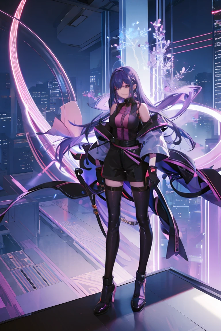 Anime girl with very long dark purple hair and a flower hair accessory wearing black short jeans with latex socks and a sport shoes wearing a cut shirt with no sleeves and half cut from below showing her belly with a black vest with short latex gloves purple glowing eyes holding a very long katana and in her other hand a very tall scabbard as she's surrendered with purple aura while giving a calm look on her face background city at night in Jujutsu Kaisen style while approaching a weird creature 