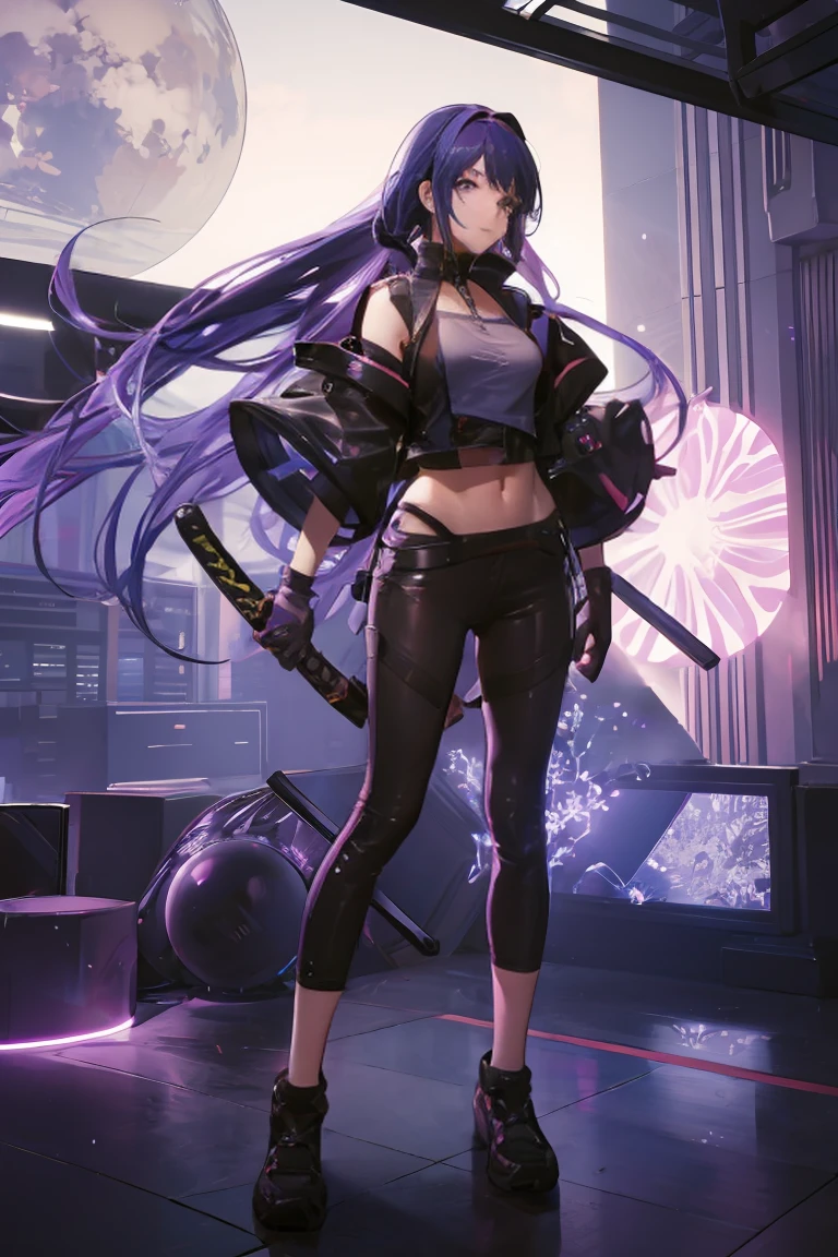 Anime girl with very long dark purple hair and a flower hair accessory wearing black short jeans with latex socks and a sport shoes wearing a cut shirt with no sleeves and half cut from below showing her belly with a black vest with short latex gloves purple glowing eyes holding a very long katana and in her other hand a very tall scabbard as she's surrendered with purple aura while giving a calm look on her face background city at night in Jujutsu Kaisen style while approaching a weird creature 