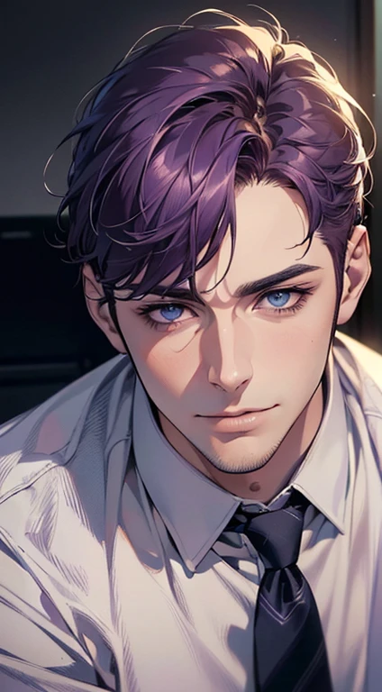 (best quality,4k,8k,highres,masterpiece:1.2),ultra-detailed,(realistic,photorealistic,photo-realistic:1.37),1 man,31 years old,mature man,very handsome,without expression,smile,short purple hair,blue eyes,penetrating gaze,perfect face without errors,imposing posture,businessman,office background,cinematic lighting,hdr image
