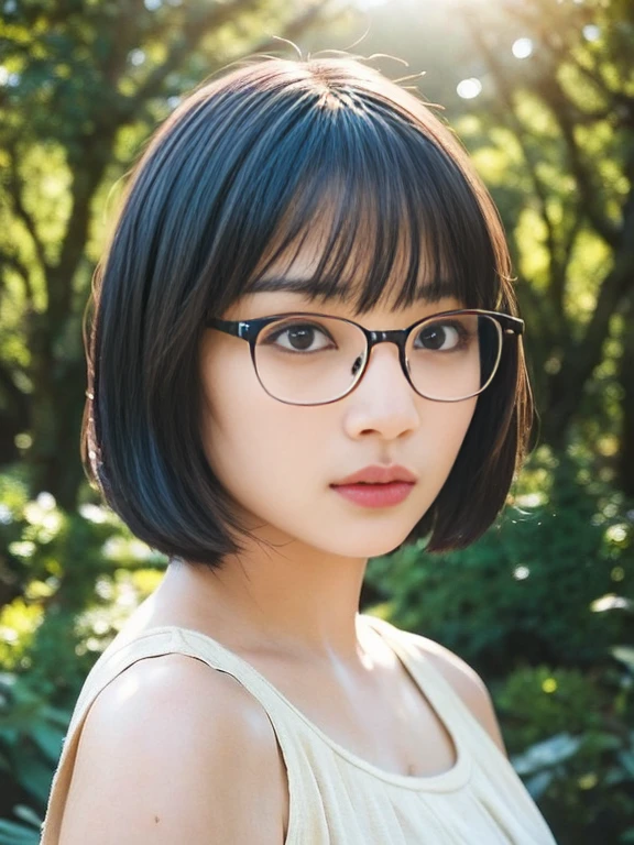 (RAW Photos, Highest quality), (Glasses), masterpiece, nature光, 1 Girl, nature, Female Model, blunt bangs, medium bob, garden, Lush, Black Hair, sunlight, Natural Makeup, Relaxed facial expression, flower, Sunlight filtering through the trees, natureの中のベンチ, head shot