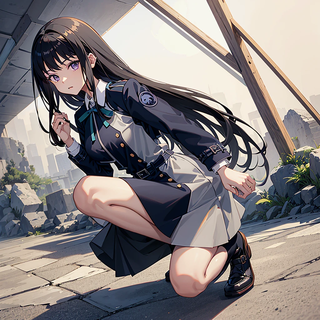 masterpiece, best quality, highres, aatakina, long hair, black hair, breasts, neck ribbon, collared shirt, lycoris uniform, two-tone dress, blue dress, grey dress, long sleeves, belt, ruins, squatting, wall, looking the viewer