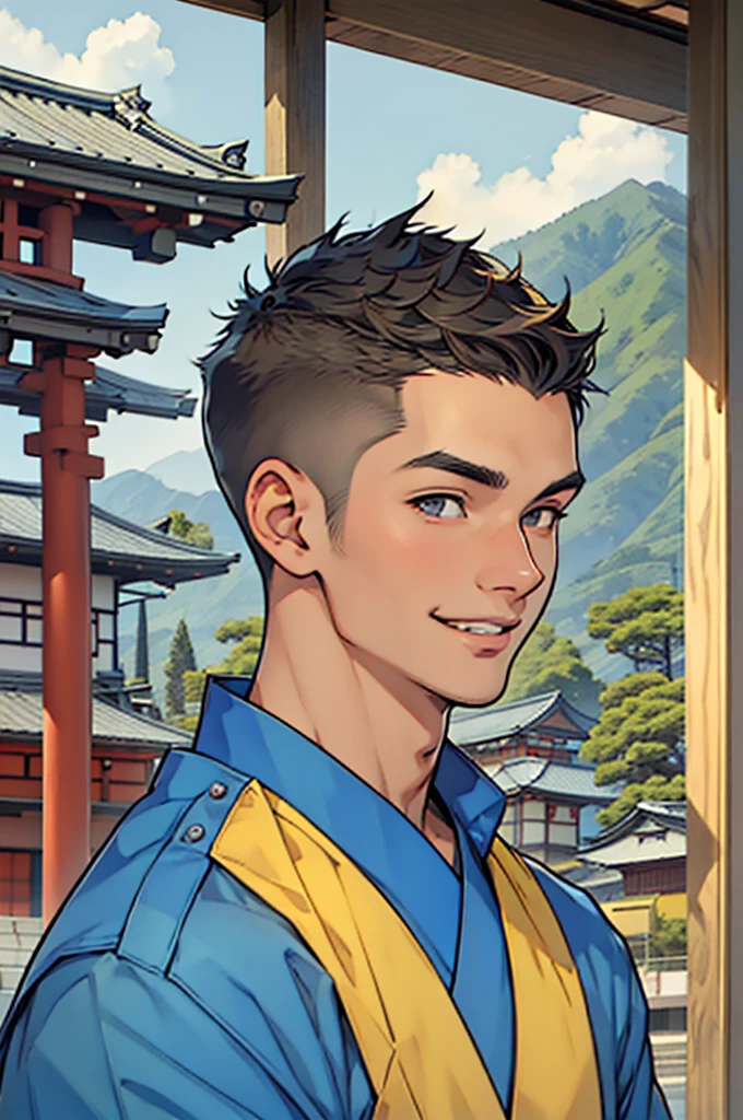 ((Artwork)), ((Masterpiece)), 4K, very detailed face, 1 boy, buzzcut hair, Japanese ethnicity, 18-year-old face, tall, wears blue uniform, Japanese student uniform, Japanese school scenery, looking at screen, smiling, has a fat and strong body.