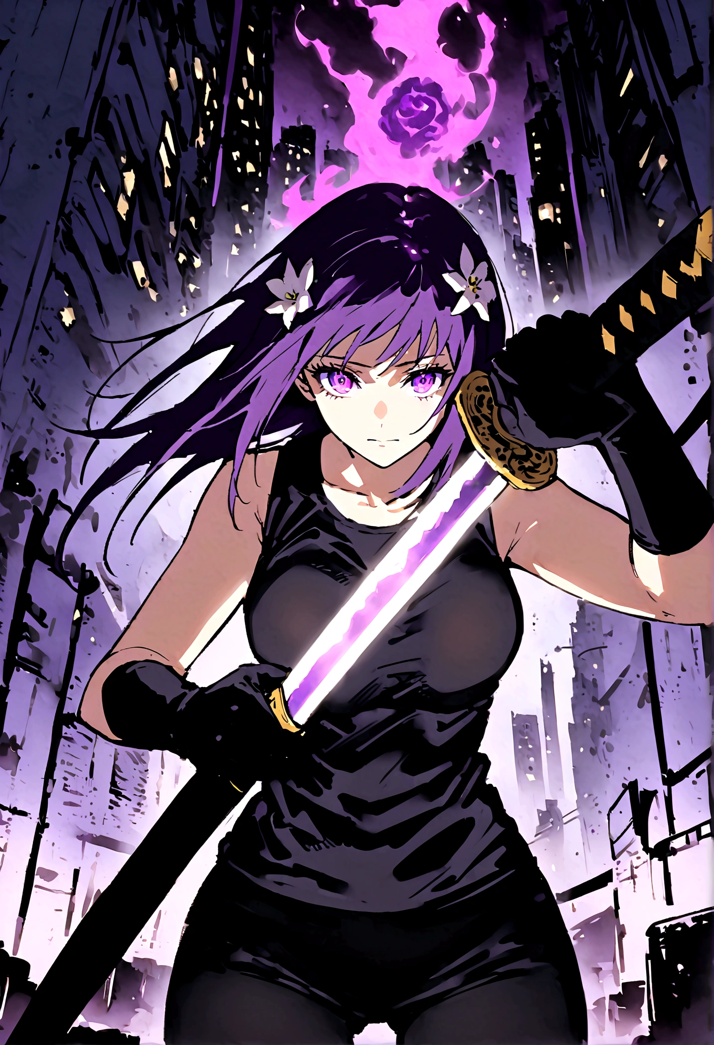 Anime girl with very long dark purple hair and a flower hair accessory wearing black short jeans with latex socks and a sport shoes wearing a cut shirt with no sleeves and half cut from below showing her belly with a black vest with short latex gloves purple glowing eyes holding a very long katana and in her other hand a very tall scabbard as she's surrendered with purple aura while giving a calm look on her face background city at night in Jujutsu Kaisen style while approaching a weird creature 