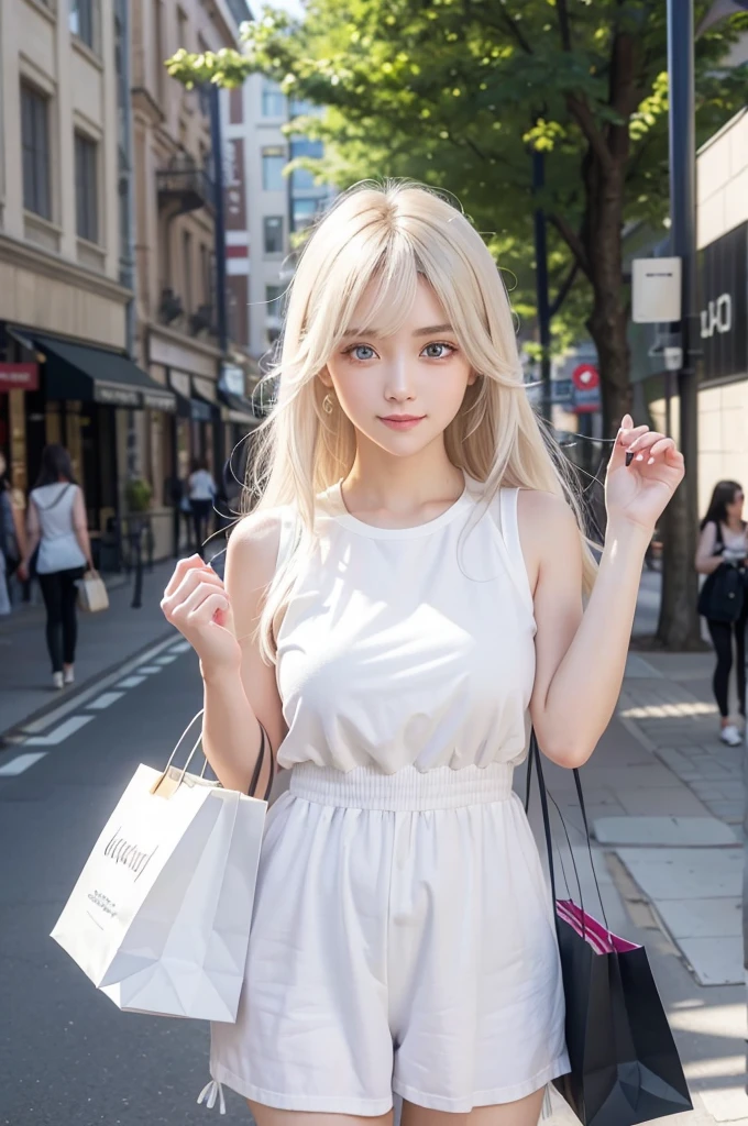 Photorealistic, highest quality, Highest quality, masterpiece, Ultra-high resolution, Raw photo, one girl, woman, Holding a shopping bag, Cute Costumes, In the city, Daytime, Cute face, smile, white hair, long hair, dark clothing, casual outfit, Super Beauty, Realistic skin, Moisturized Skin, Realistic eyes and faces, Perfect model body shape, Beautiful Eyes, Big eyes,
