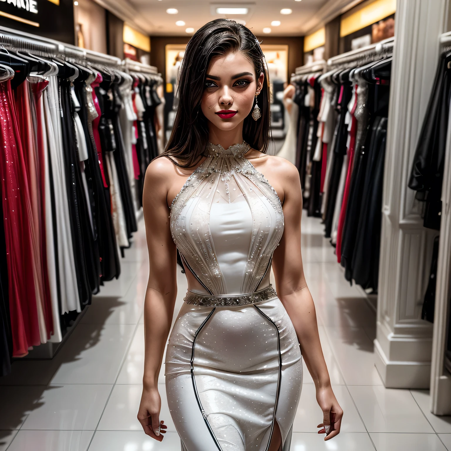 (masterpiece, photorealistic:1.4, extremely intricate:1.3), (photon mapping, radiosity, physically based rendering, ultra resolution, hyper-realistic, 8K), (((supermodel nineteen ((((black white evening gown, shopping in a store))), smirking, 19 years old, bright red lips)), long eyelashes, makeup:1.1)), ((([skin detail:freckles:0.7]))), ((indoor, store)), professional photograph elegant:1.2 teenage athletic, (long straight hair [dark hair:bright ginger hair:0.8]), BREAK ((((film grain)), sharp focus, dramatic, award winning, cinematic, sunrise), bokeh, blurry background, interaction)
