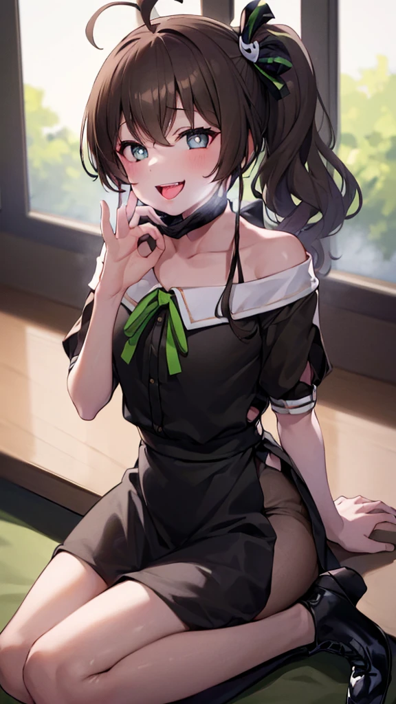  ((((Open your mouth))))、masterpiece,highest quality,High resolution,Very detailed,bb Festival,meだium hair,skinny,Ahoge,Brown Hair,(((((  Captivating smile ))))),skinny,Hair between the eyes,bangs,Hair Ribbon,Black Choker,Earrings,Black Ribbon,plaiだ shirt,Grey Shirt,shoulだer cutout,Short sleeve,See-through sleeves,Black Skirt,High Waist Skirt,Race,(((( Perfect Fingers )))) ,  shoes,(black shoes:1.4),Race trim,shoes,Black footwear,indoor,(Cafe:1.2),((Blowjob Gestures:1.5))、Open your mouth ,Sitting,Chair,Heavy breathing ,Hand in front of your mouth,Hand in front of mouth, manga,text,magazine、(Black mask:1.2, mask pull:1.3)、Squint your eyes、Sharp Eye、((steam,sweat、Vulgarity)),(Late Night:1.8, Dark lighting:1.6, dark:1.8, Spotlight, Heart-shaped pupils:1.2, motion blur)