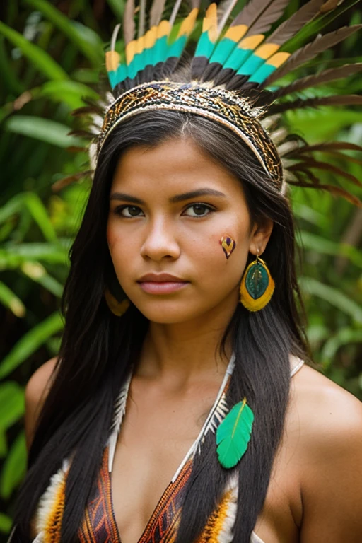 ((CRU photo, best qualityer)), (realisitic, photorrealistic:1.2). A beautiful indigenous girl in native costume with feathers and feathers on her head, Amazonian indigenous peoples in Brazil, beautiful young native brazilian female, Yanomami Indian in typical costumes,high qualiy. Amazon rainforest background.