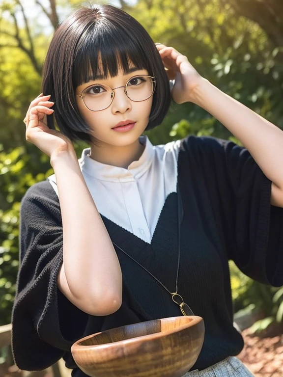 (RAW Photos, Highest quality), (Glasses), masterpiece, nature光, 1 Girl, nature, Female Model, blunt bangs, bowl cut hair, garden, Lush, Black Hair, sunlight, Natural Makeup, Relaxed facial expression, flower, Sunlight filtering through the trees, natureの中のベンチ, head shot