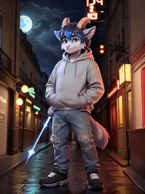 A femboy werewolf man with Dark Blue fur wearing a grey hoodie wearing gray jeans that is gray in coloring with goat horn sticki...