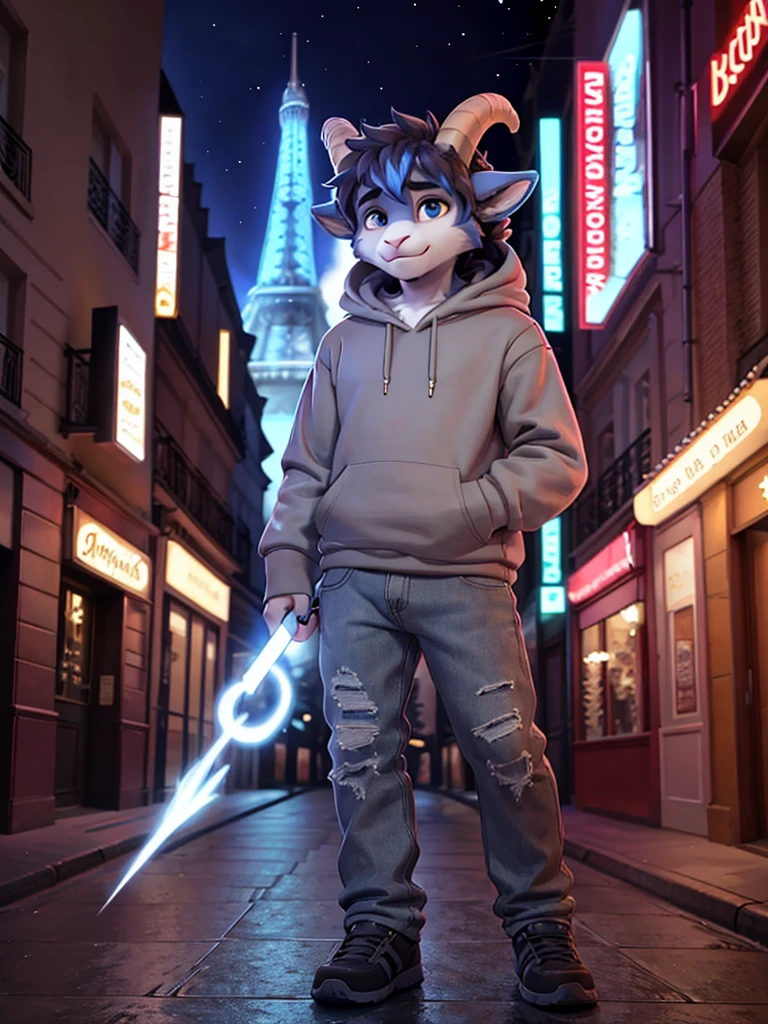 A femboy werewolf man with Dark Blue fur wearing a grey hoodie wearing gray jeans that is gray in coloring with goat horn sticking out of his head with a long magic wand standing in front of Paris