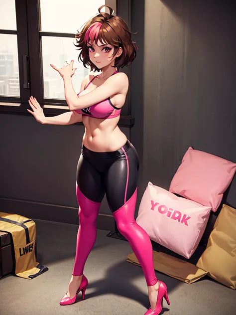 merula, sexy pose, pink high heels, sexy sport bra, yoga pants, full body, thighs, one girl, alone