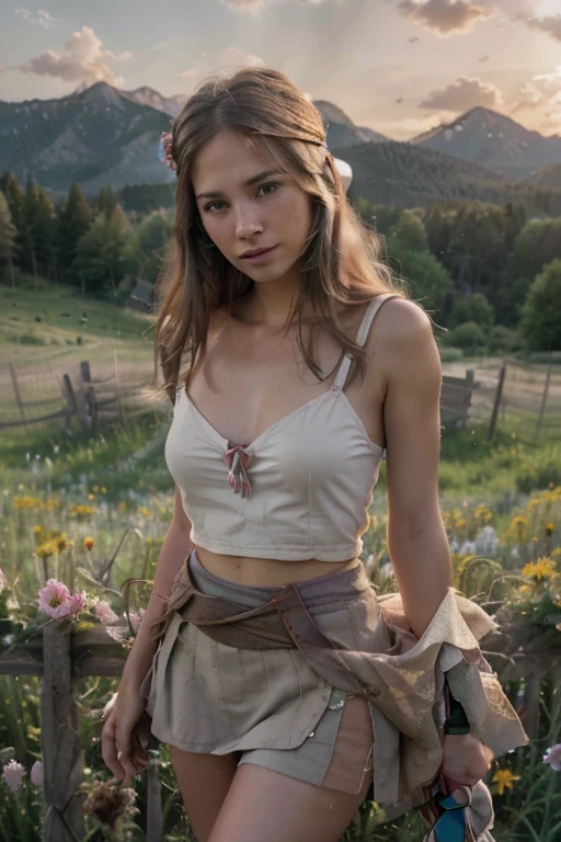 close-up, a western scene, a beautiful blonde woman alone standing next to a divided fence in a flower-filled meadow in the Sawtooth Mountains, em Idaho, while the sun sets; wearing shorts, skirt made of rough material, bandana, breasts big, without hat, coveredNipples, 4k extremely photorrealistic, uhd 4k highly detailded, ((ethereal lighting, ultra-high resolution.photorrealistic:.1.4, (high detailded skin:1.2), 8k hd, dslr, high qualiy, Film grain, Fujifilm XT3,(work of art) (best qualityer) (detailded) (cinematic lighting) (sharp focus) (intricate) lifting up skirt
