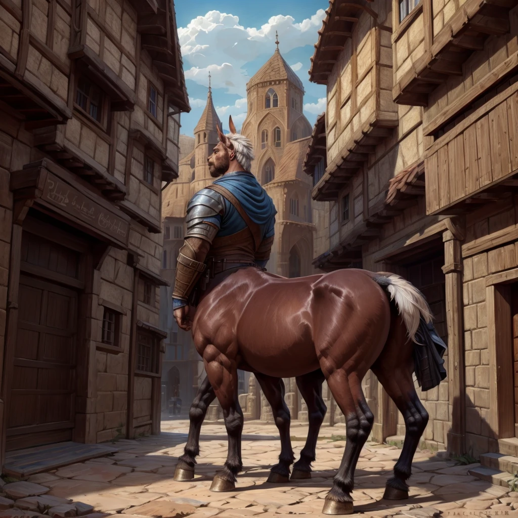 (作者：taran fiddler), (作者：Fasttrack37d), (一只巨大、粗壮的雄性半人马，有着白色的头发和毛皮, 矗立在中世纪城市的中心.