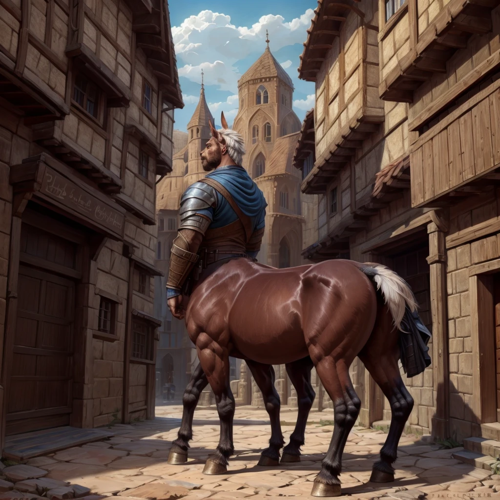 (by Taran Fiddler), (by Fasttrack37d), (A giant thick male centaur with white hair and fur, stands in the middle of a medieval city.