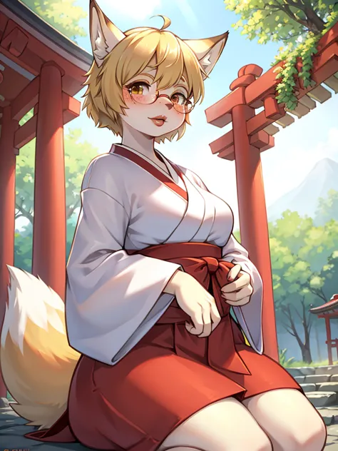 Japanese shrine maiden outfit fox , short blonde hair, freckles, (thick lips), plump, glasses , gohei