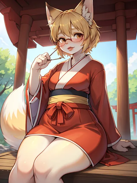 Japanese shrine maiden outfit fox , short blonde hair, freckles, (thick lips), plump, glasses , gohei