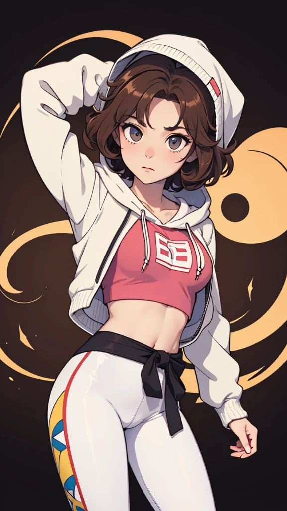 (((masterpiece, best quality, ultra highres, 1 girl, solo, no background))), super detailed skin and face and eyes and finger, beautiful japanese woman, small breasts:1.5, skinny, light brown hair, white background, very short curly hair, (an illustration of girl), Knee shot, Generate with illustrations, Various expressions, Various poses, Please draw the entire character within the frame, ensuring that the head, arms, and legs are not cut off. The background should be simple, with the character positioned centrally, outline, anime, hoodie, curly hair, leggings,