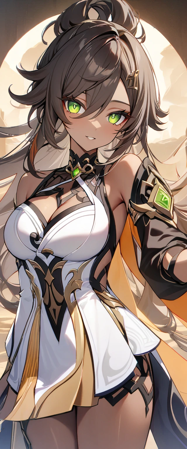 (masterpiece), best quality, expressive eyes, perfect face,1girl,score_9,score_8_up,score_7_up, arm_behind_back, brown_hair, cropped_legs, dark-skinned_female, detached_sleeves, green_eyes, grey_hair, hair_ornament, highres, looking_at_viewer, female_focus, multicolored_hair, open_hand, orange_cape, sethos_\(genshin_impact\), solo, tassel, very_long_hair, big breasts,cleavage,cowboy shot,desert palace