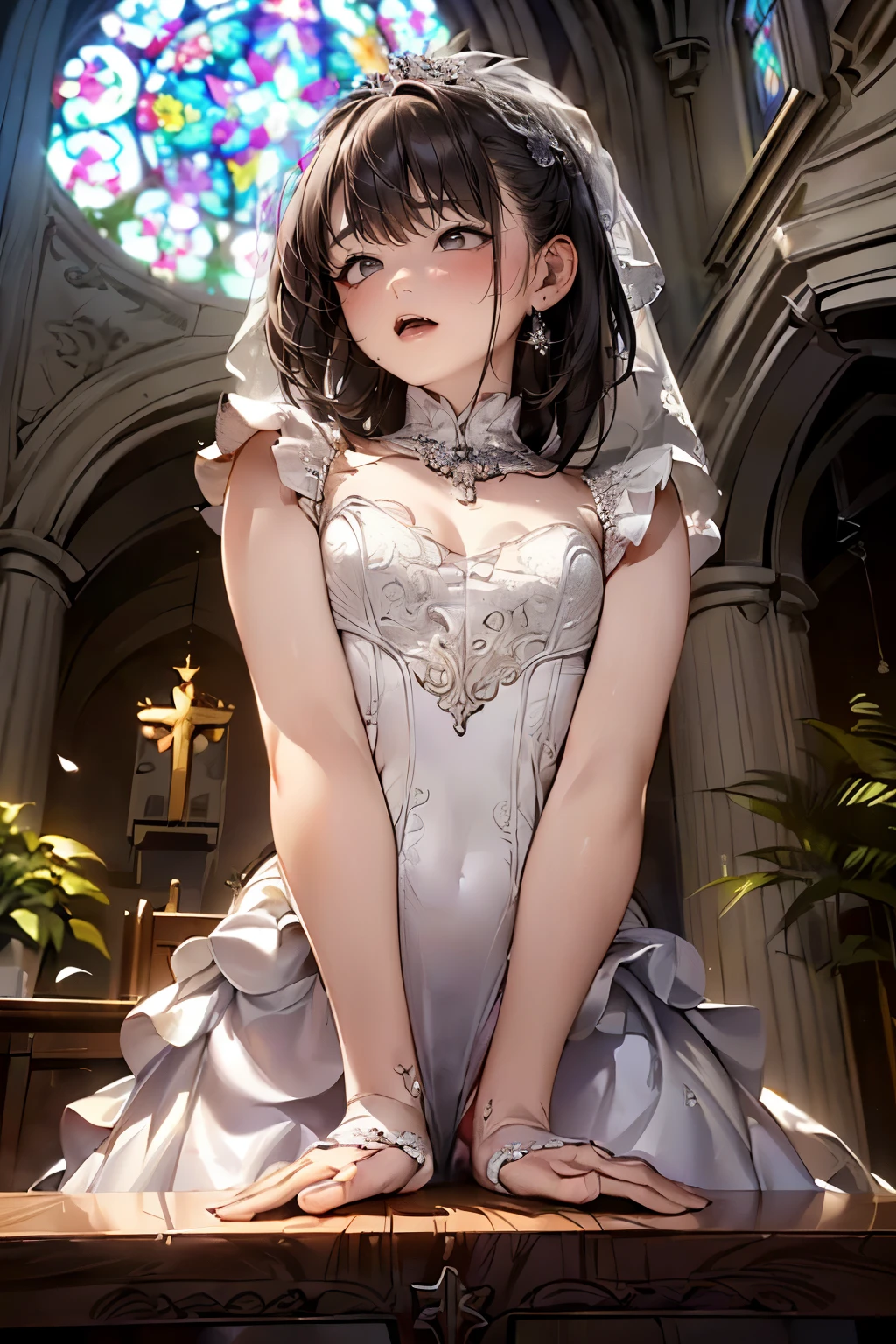 angle from side below, (((round face))), drooping eyes, tiny earrings, ((bride, white wedding dress, ((standing and straddling to hit her crotch area against a corner of the table for masturbation while hiding her crotch with dress)), open mouth, plants, in front of a church, 