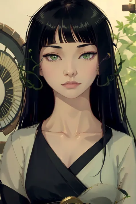 black hair with bangs green eyes Asian,seducing gaze