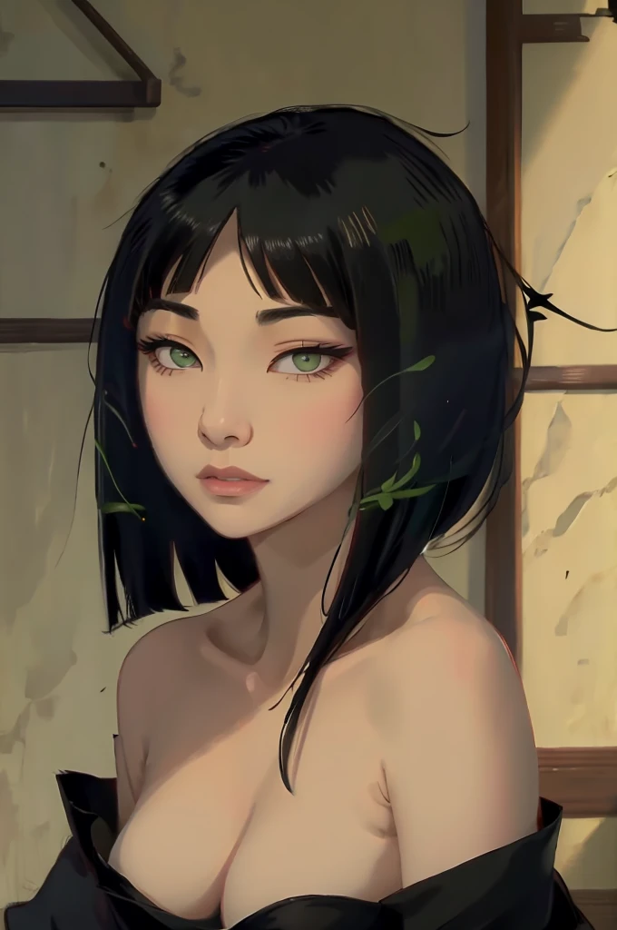 pelo negro con flequillo ojos verdes asiático,mirada seductora
