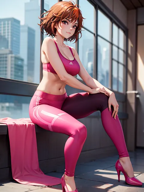 merula, sexy pose, pink high heels, sexy sport bra, yoga adidas pants, full body, thighs, sitting pose