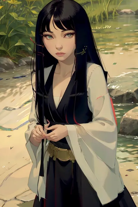 black hair with bangs green eyes Asian,seducing gaze