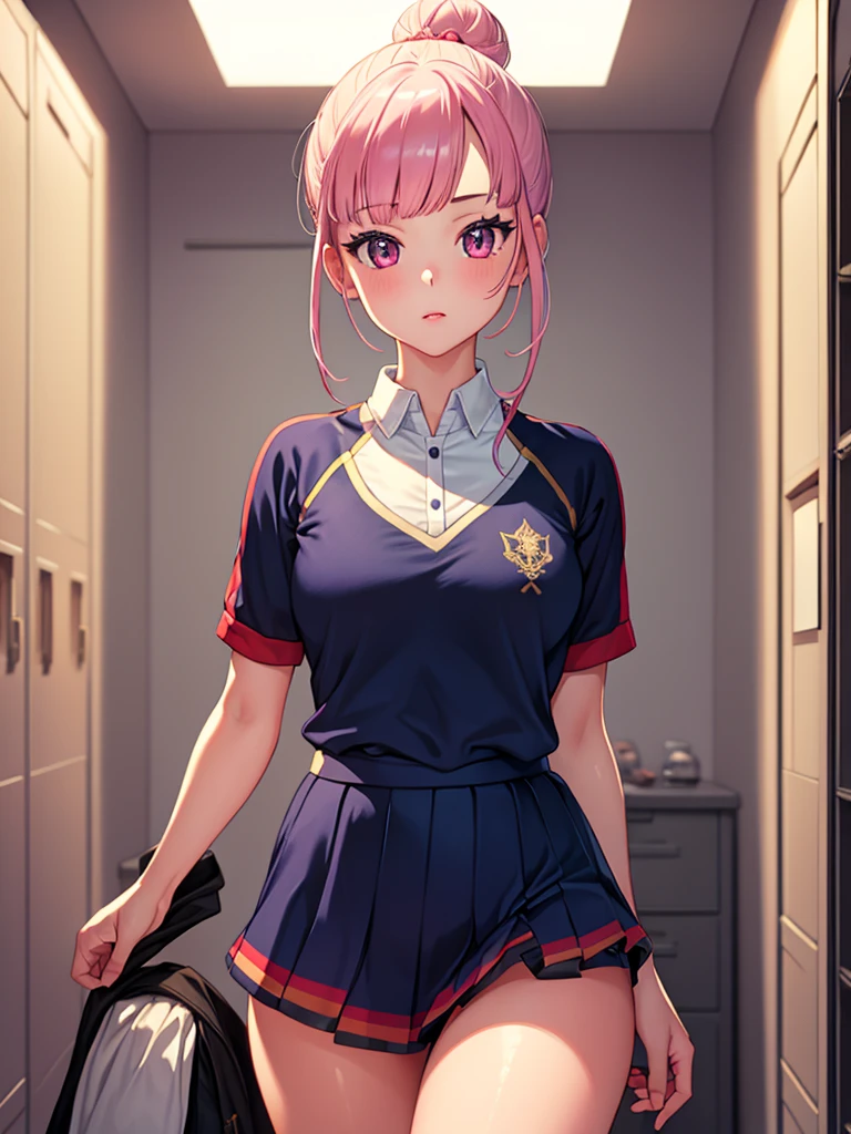 1girl, solo, masterpiece, best quality, high res, highly detailed, (illustration), beautiful detailed eyes, mori calliope, single hair bun, glossy lips, light makeup, standing, sport uniform, locker room, sneakers, (view from behind)