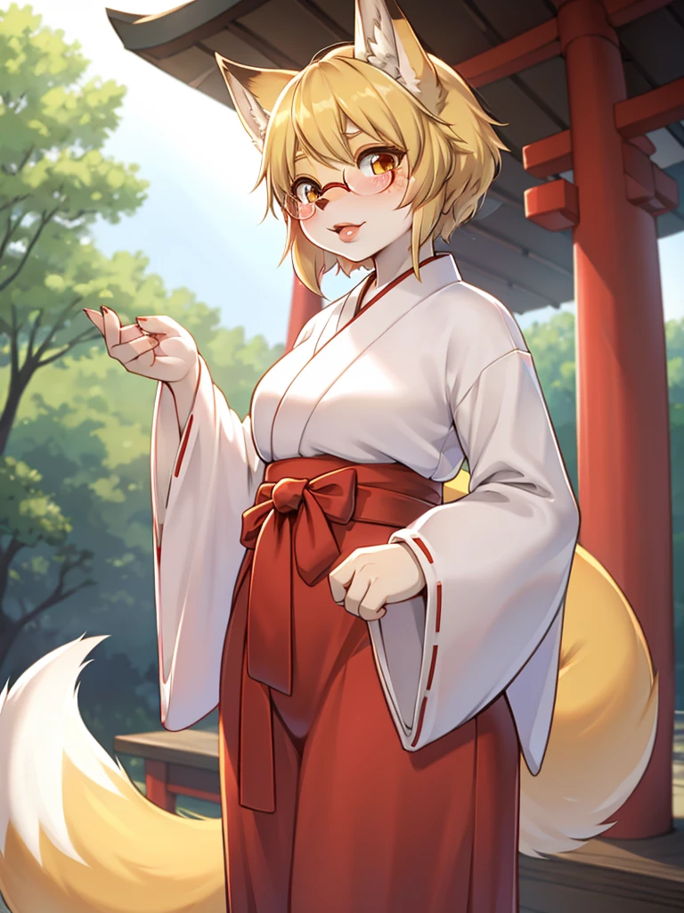 Japanese shrine maiden outfit fox , short blonde hair, freckles, (thick lips), plump, glasses , Suspicion eyes , gohei