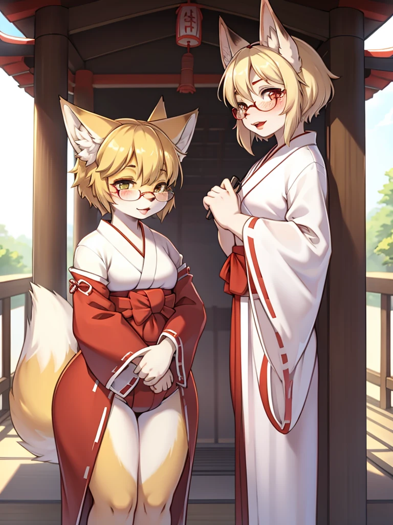 Japanese shrine maiden outfit fox , short blonde hair, freckles, (thick lips), plump, glasses , Suspicion eyes , gohei