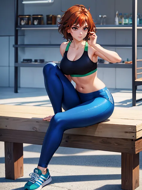 merula, sexy pose, sneakers, sexy sport bra, yoga blue adidas pants, full body, thighs, sitting pose