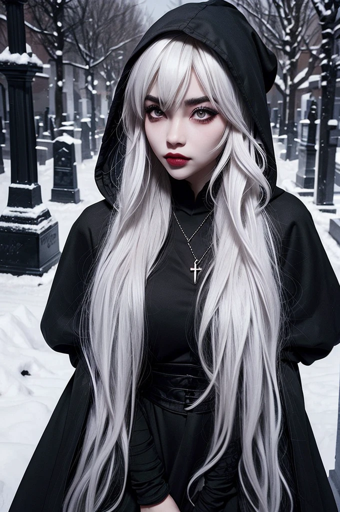 ((best quality)), ((masterpiece)), (detailed), 1girl, solo, beautiful, gothic, witch, gloomy, Asian woman, mature, black clothing, hooded black robe, modest clothing, hood up, goddess of death, blank expression, stoic expression, serious expression, split dye hair, multicolored hair, black and white hair, black dye on right side, white hair on left side, messy hair, bangs, black eyebrows, thick eyebrows, long eyelashes, grey eyes, dark circles under eyes, plump lips, red lipstick, red lips, no skin showing, skinny, pale skin, thin, sickly looking, looking at viewer, holding scythe, in graveyard, Wylona Hayashi, all black clothing, black hood, full body shot, cemetery background, standing, standing in a cemetery, holding scythe, windy, wind blowing, black long sleeves, black witch clothing, black religious clothing