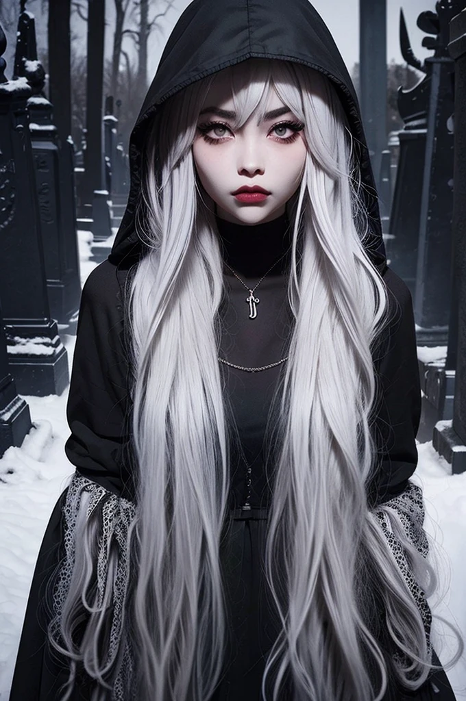 ((best quality)), ((masterpiece)), (detailed), 1girl, solo, beautiful, gothic, witch, gloomy, Asian woman, mature, black clothing, hooded black robe, modest clothing, hood up, goddess of death, blank expression, stoic expression, serious expression, split dye hair, multicolored hair, black and white hair, black dye on right side, white hair on left side, messy hair, bangs, black eyebrows, thick eyebrows, long eyelashes, grey eyes, dark circles under eyes, plump lips, red lipstick, red lips, no skin showing, skinny, pale skin, thin, sickly looking, looking at viewer, holding scythe, in graveyard, Wylona Hayashi, all black clothing, black hood, full body shot, cemetery background, standing, standing in a cemetery, holding scythe, windy, wind blowing, black long sleeves, black witch clothing, black religious clothing