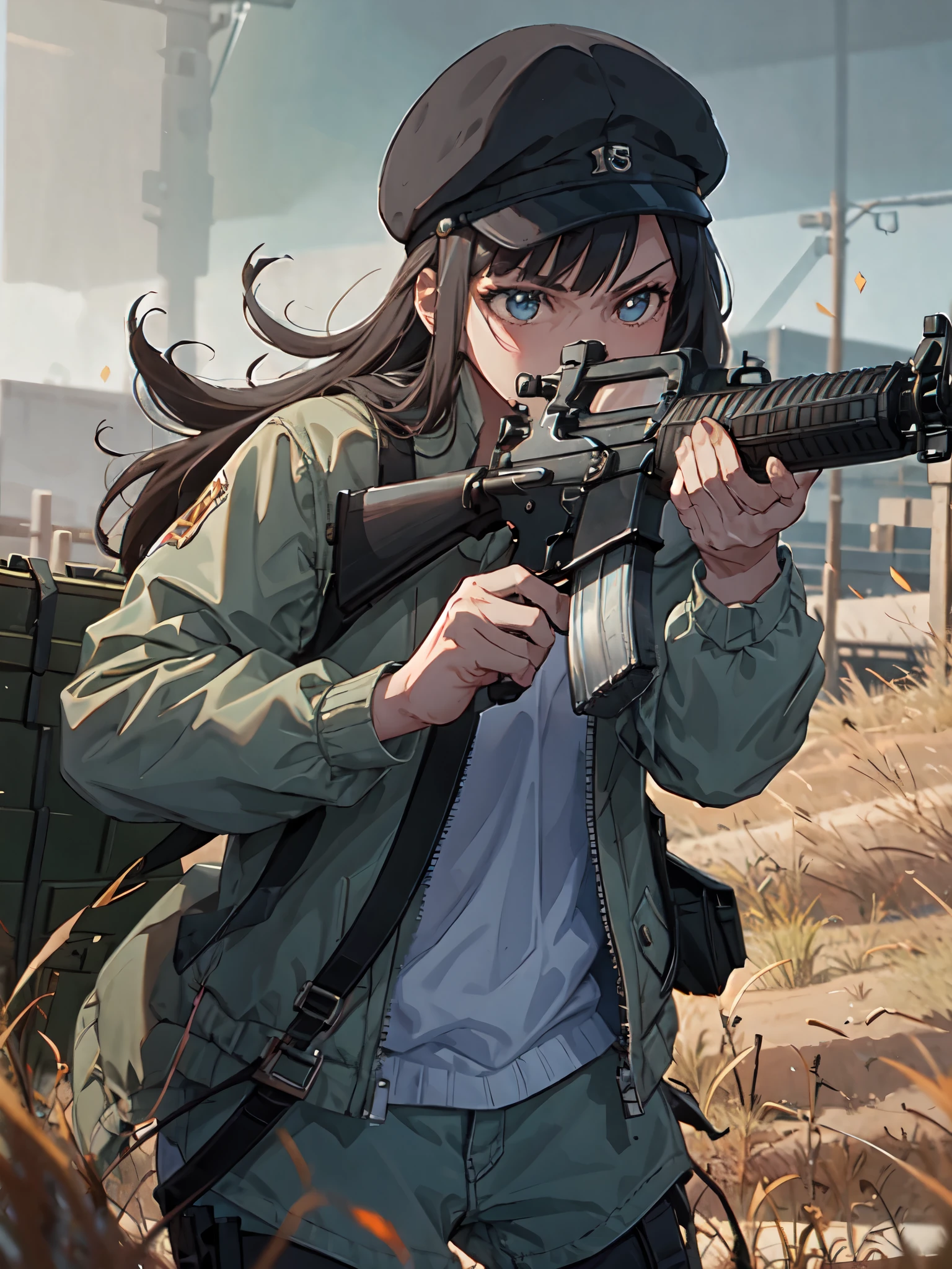 (masterpiece, best quality:1.2), solo, 1girl, using an m16a2, cowboy shot, cinematic composition, dynamic pose