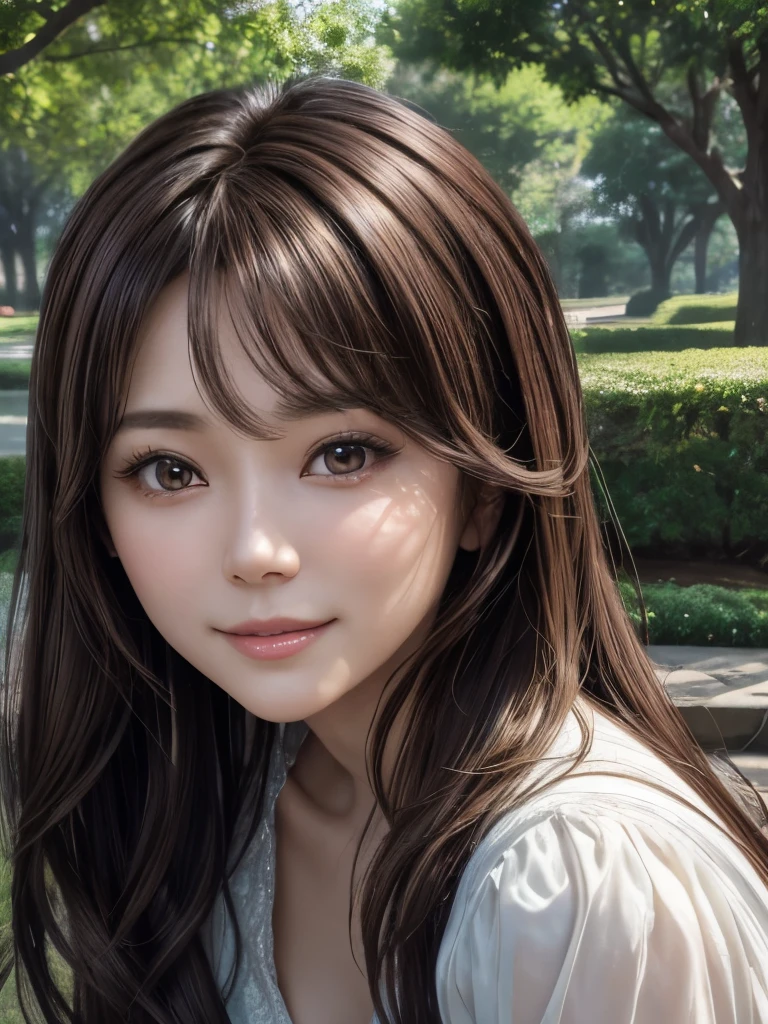 3d,masterpiece、The  is a beautiful girl,(((alone)))、Faithful reproduction、at the park,Sitting on a tree,Long dress women, (((Portrait Realism))), (Oriental) (((Brown Hair))), (((Close-up of detailed facial features: 0.8)))、(((mega hair))), free, profile image、Ultra high definition、Soft skin texture, Flexible body, She is the center of the garden, smile, List image, 8k Raw Photo:1.5、dream  、Ultra-high resolution,8k Raw Photo:1.5、