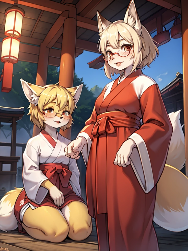 Japanese shrine maiden outfit fox , short blonde hair, freckles, (thick lips), plump, glasses , Suspicion eyes , gohei , Accompanying Japanese monsters