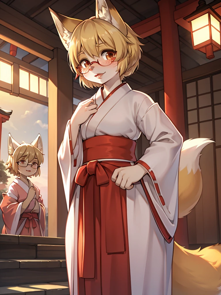 Japanese shrine maiden outfit fox , short blonde hair, freckles, (thick lips), plump, glasses , Suspicion eyes , gohei , Accompanying Japanese monsters