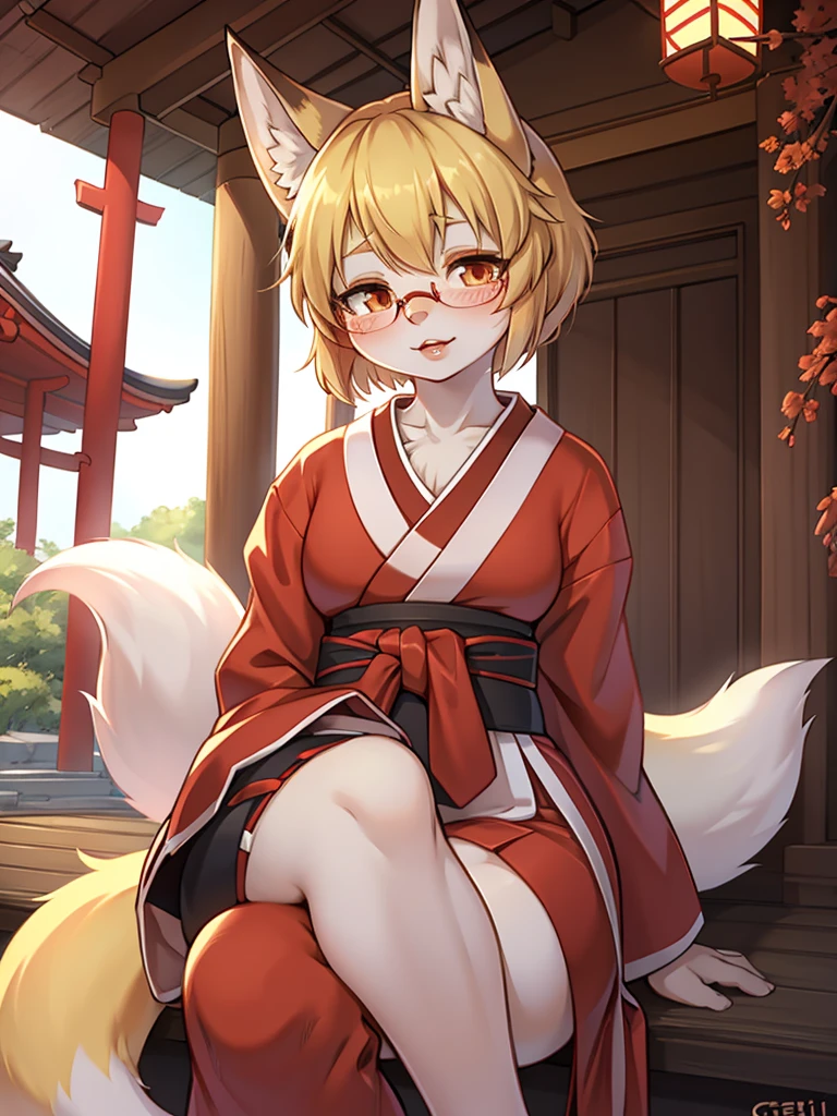 Japanese shrine maiden outfit fox , short blonde hair, freckles, (thick lips), plump, glasses , Suspicion eyes , gohei , Accompanying Japanese monsters