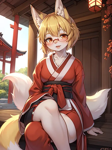 Japanese shrine maiden outfit fox , short blonde hair, freckles, (thick lips), plump, glasses , Suspicion eyes , gohei , Accompa...