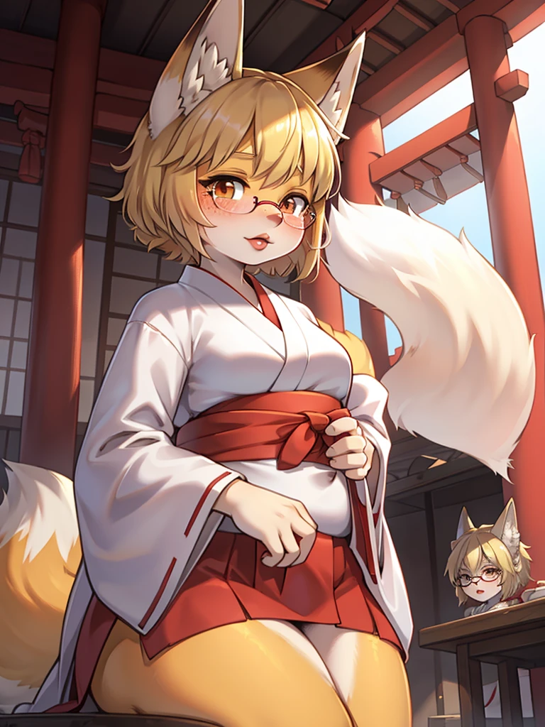 Japanese shrine maiden outfit fox , short blonde hair, freckles, (thick lips), plump, glasses , Suspicion eyes , gohei , Accompanying Japanese monsters