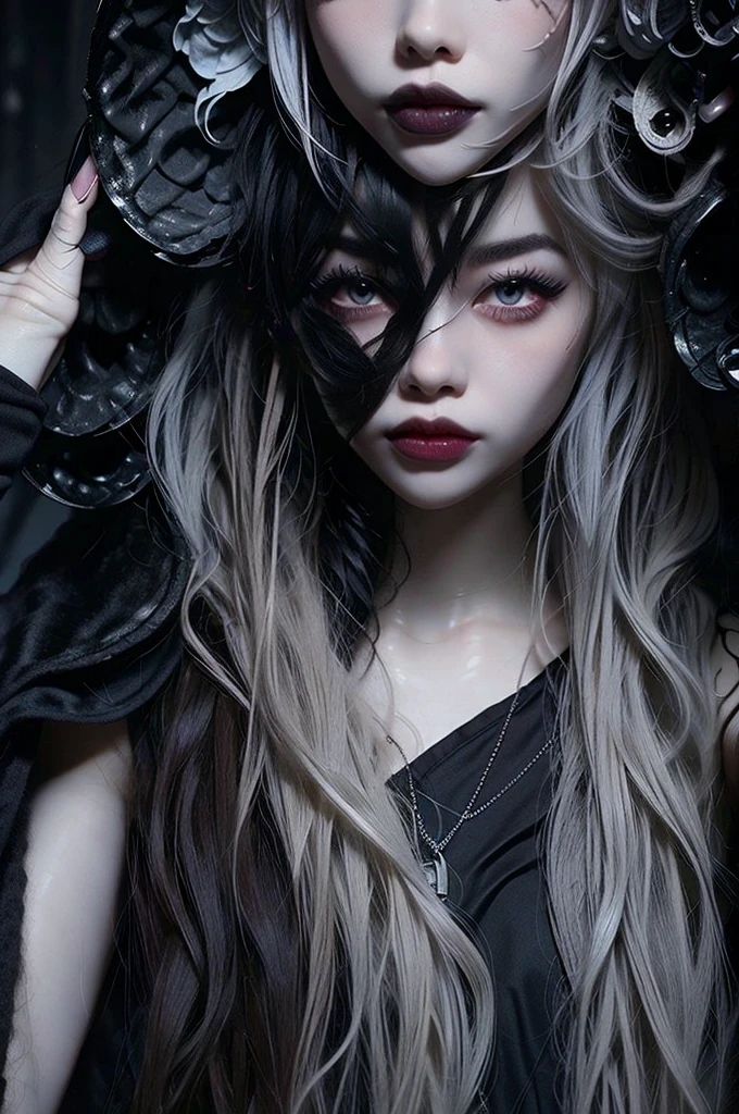 ((best quality)), ((masterpiece)), (detailed), 1girl, solo, beautiful, gothic, witch, gloomy, Asian woman, mature, black clothing, hooded black robe, modest clothing, hood up, goddess of death, blank expression, stoic expression, serious expression, split dye hair, multicolored hair, black and white hair, black dye on right side, white hair on left side, messy hair, bangs, black eyebrows, thick eyebrows, long eyelashes, grey eyes, dark circles under eyes, plump lips, red lipstick, red lips, no skin showing, skinny, pale skin, thin, sickly looking, looking at viewer, holding scythe, in graveyard, Wylona Hayashi, all black clothing, black hood, full body shot, cemetery background, standing, standing in a cemetery, holding scythe, windy, wind blowing, black long sleeves, black witch clothing, black religious clothing