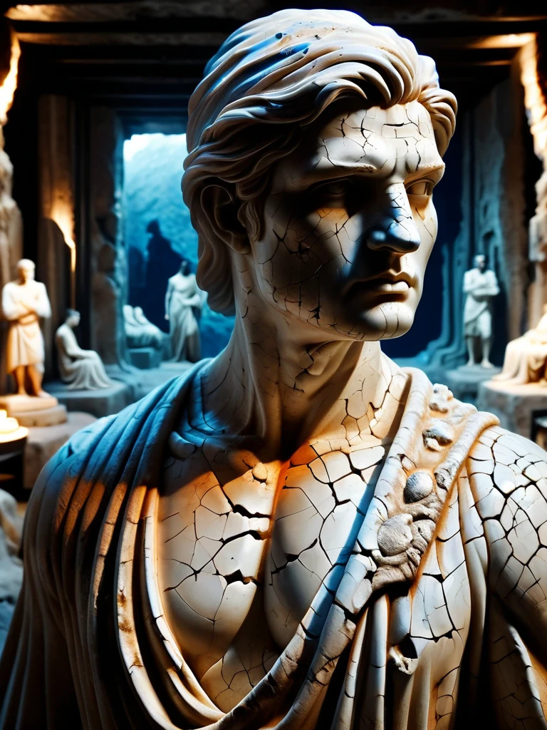 estátua masculina grega em close, em uma caverna escura com pouca luz, 800 aC, closeup rachaduras na estátua com ral-lava, lava escorrendo pelas rachaduras da porcelana ral, à noite, Túnicas cinzentas, long Cabelo preto, Cabelo preto, olhos azuis, bright olhos azuis