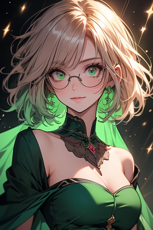 score_9, score_8, score_7_up, 

1girl,(((green:1.5)), short hair, messy hair, (ahoge), breads), ((green streak in hair)),  (multi_colored eyes,green and brown eyes, snake eyes,mascara, black eyeliners), ((glasses)), (white skin, pale skin), ((blushing, gentle smile)), (slender, large breasts, wide hips), (renaissance era green dress),

,portrait, smile,blush, ,natura light,light rays,(from front),(110 degrees),
 


,90s anime retro style,highly detailed lineart,vivid colors,vulomatric lightning,(masterpiece), best quality, expressive eyes, perfect anstomy,perfect body


,galaxy Background, scenery,, very aesthetic,, extremely detailed, intricate details, PEAnimeBG

 (walking) 