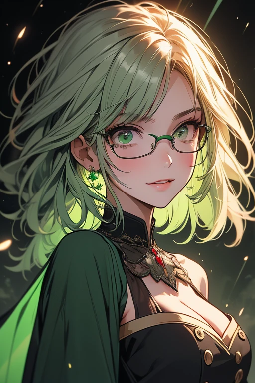 score_9, score_8, score_7_up, 

1girl,(((green:1.5)), short hair, messy hair, (ahoge), breads), ((green streak in hair)),  (multi_colored eyes,green and brown eyes, snake eyes,mascara, black eyeliners), ((glasses)), (white skin, pale skin), ((blushing, gentle smile)), (slender, large breasts, wide hips), (renaissance era green dress),

,portrait, smile,blush, ,natura light,light rays,(from front),(110 degrees),
 


,90s anime retro style,highly detailed lineart,vivid colors,vulomatric lightning,(masterpiece), best quality, expressive eyes, perfect anstomy,perfect body


,galaxy Background, scenery,, very aesthetic,, extremely detailed, intricate details, PEAnimeBG

 (walking) 