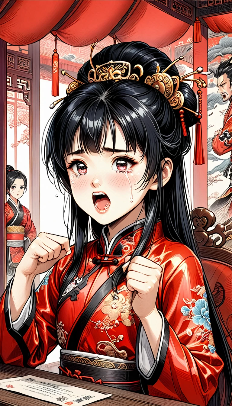 8k Tragic Historical Drama: Beautiful Palace Secrets　A beautiful 10-year-old Chinese kung fu girl with long black hair is forced to have sex with the demon king　Gorgeous embroidery, Ultra glossy, She is wearing a shiny red long-sleeved royal Chinese jacket.....　　She cries loudly and gives up　She has pubic hair