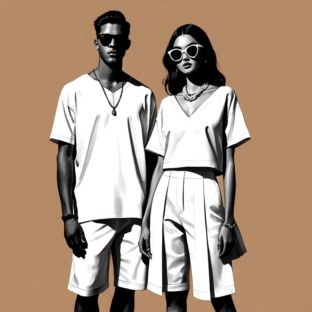 candid fashion illustration of young man and woman, both aged 20 year old, ((showcase fashion in a White cotton-rayon outfits)),  inspired by JACQUARD's spring-summer collection in elegant luxury style, The man wears an oversized short-sleeved white shirt with a sporty details, paired with relaxed-fit white Sports Shorts with semi hard bulge, He completes his look with white sneakers and sunglasses. The woman complements him in Ankle-length dress in white, featuring a deep V-neckline and spaghetti shoulder straps, with Gathered detail tiers down the skirt and hem, Her ensemble includes an accessorizes white sneakers and full of necklace. Captured in a low angle, ((full-body image)), (full-body pose)), ((paper material background)), realistic charcoal lines, imperfect drawing, charcoal lines, fading sketch, quick Sketch, (Eddie Mauro-mix), 