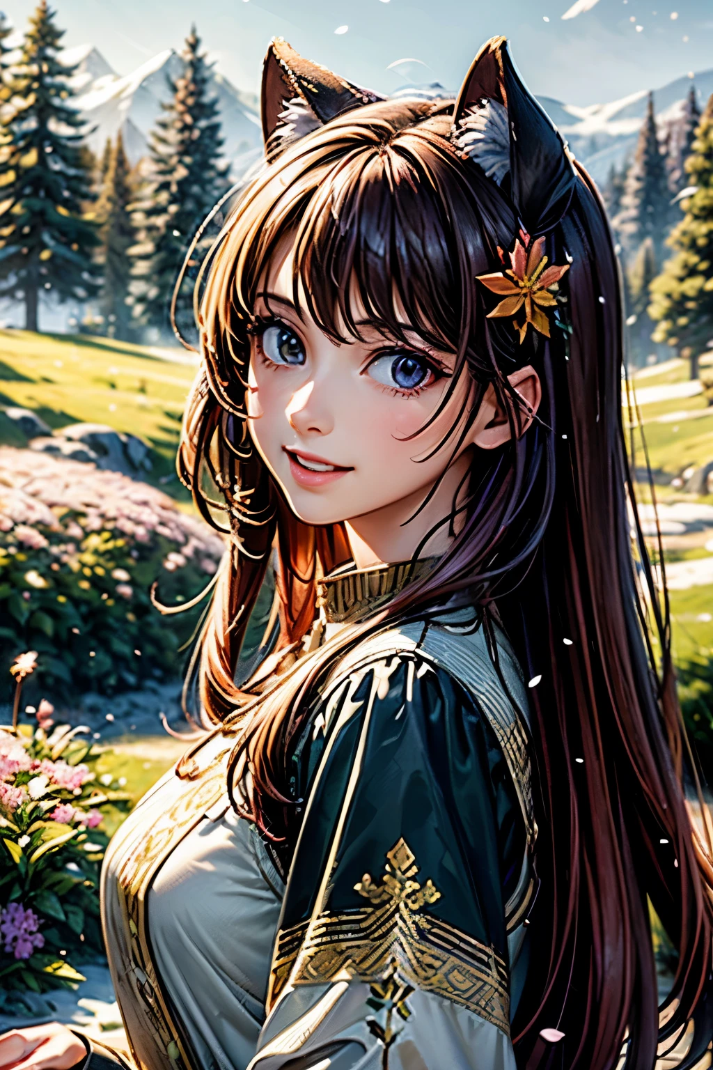 Prompt: masterpiece, best quality, ultra-detailed, 1girl, detailed water, long hair, corkscrew curls, red hair, light grey eyes, (close-up), maple trees, everywhere mistletoe, gorgeous, maple and spruce trees, cherry, cherry tree, smile, view from front, wolf ears, snowy background, science fiction, multiple tails, Tall evergreens stand tall and proud, their branches weighed down by heavy snow, volumetric lighting AND masterpiece, best quality, high quality, extremely detailed CG unity 8k wallpaper A vibrant spring landscape, bursting with new life and color. Rolling hills are covered with a carpet of green, dotted with delicate wildflowers in shades of pink, purple, and yellow, volumetric lighting