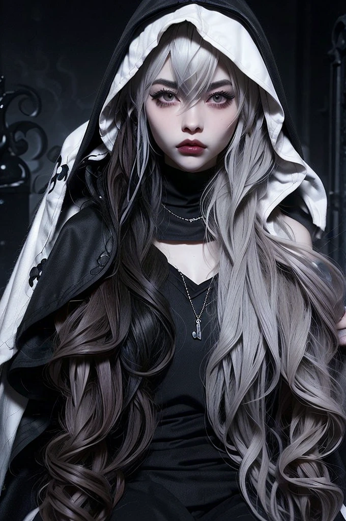 ((best quality)), ((masterpiece)), (detailed), 1girl, solo, beautiful, gothic, witch, gloomy, Asian woman, mature woman, black clothing, hooded black robe, modest clothing, hood up, goddess of death, blank expression, stoic expression, serious expression, split dye hair, multicolored hair, black and white hair, black dye on right side, white hair on left side, messy hair, bangs, black eyebrows, thick eyebrows, long eyelashes, grey eyes, dark circles under eyes, tired look, small breasts, plump lips, red lipstick, red lips, no skin showing, skinny, pale skin, thin, sickly looking, looking at viewer, holding scythe, in graveyard, Wylona Hayashi, all black clothing, black hood, full body shot, cemetery background, standing, standing in a cemetery, holding scythe, windy, wind blowing, black long sleeves, black witch clothing, black religious clothing, moon background, moon and graveyard background