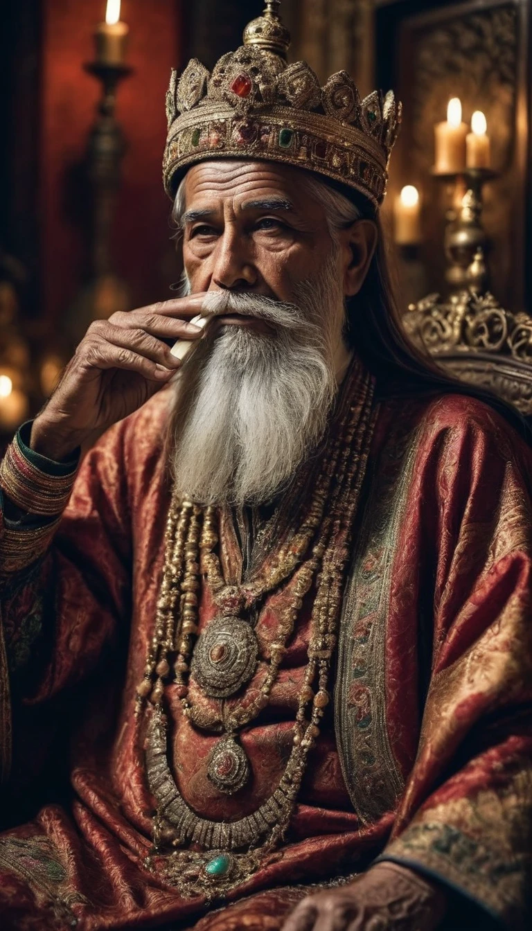 a elderly man 95 years old, naked, (extremely Full long beard, mustache), receding hairline, inflated face, Chubby face, A king of ancient Baghdad, with a long and robust beard, is smoking a cigarette in a room filled with smoke. He wears rich, embroidered royal garments. The opulent room is decorated with colorful tapestries, silk pillows, and ornate furniture, softly lit by oil lamps, creating a dense and mysterious atmosphere, Focus in face, uhd, 4k, masterpierce, high resolution